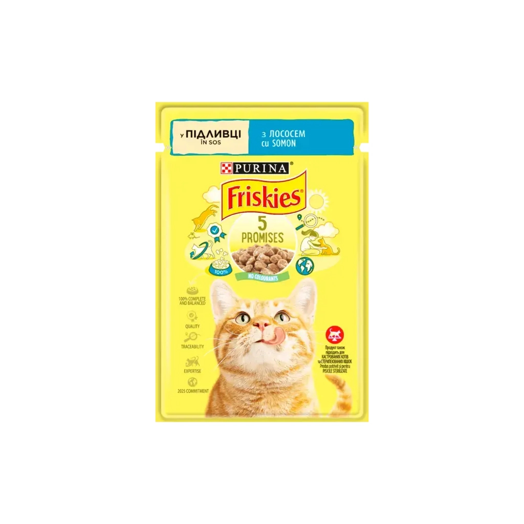 Вологий корм для кішок Purina Friskies шматочки у підливі з лососем 85 г (7613036962230) - зображення 1