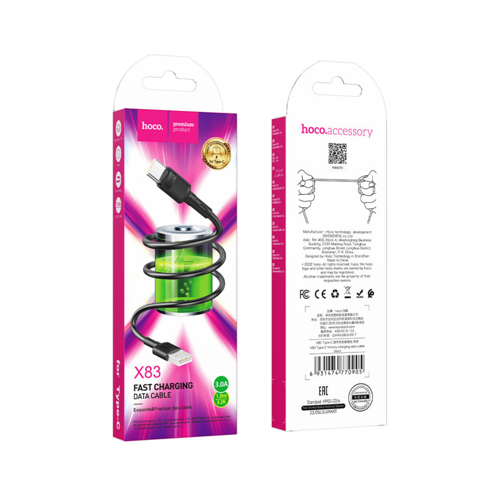 Дата кабель USB 2.0 AM to USB-C 1.0m 3A PVC X83 black HOCO (6931474770905) - зображення 4