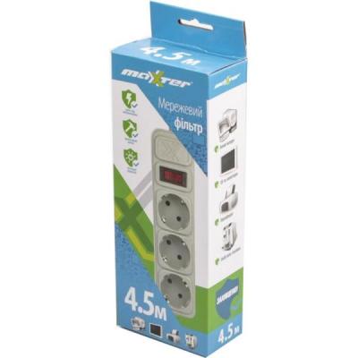 Мережевий фільтр живлення Maxxter SPM3-G-15G grey, 4.5 м кабель, 3 розетки (SPM3-G-15G) - зображення 2
