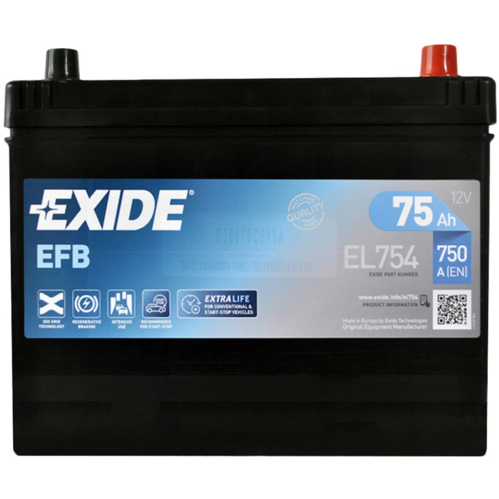 Акумулятор автомобільний EXIDE START-STOP EFB 75Ah ASIA Ев (-/+) (750EN) (EL754) - зображення 1