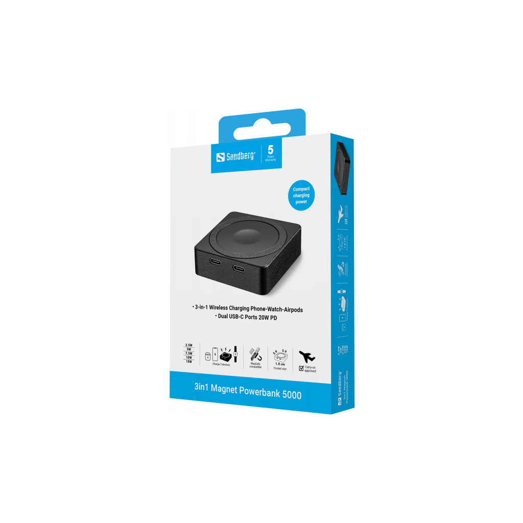 Батарея універсальна Sandberg Magnetic Wireless 5000mAh 20W PD, QI-15W for Apple Watch/Airpods (421-28) - зображення 9