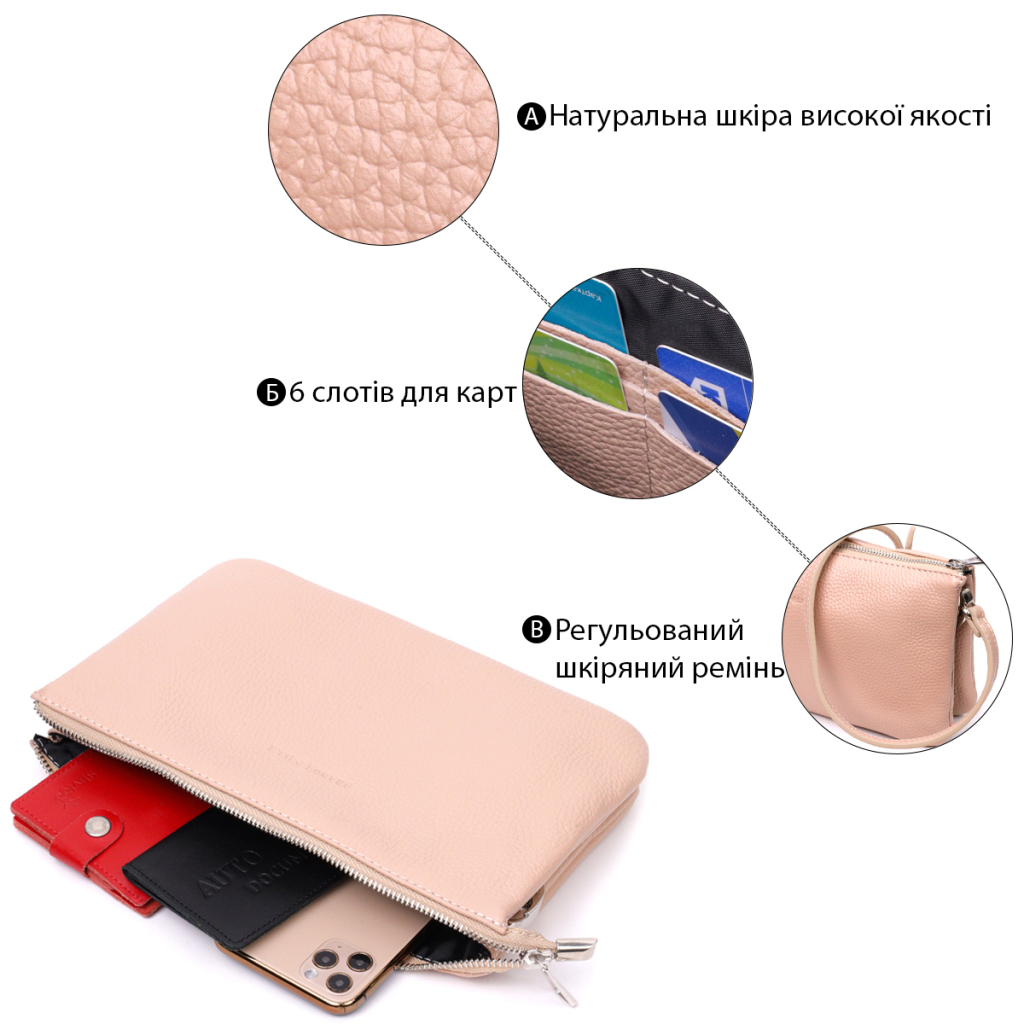 Сумка Grande Pelle З натуральної зернистої шкіри Пудрова (11698) - зображення 5