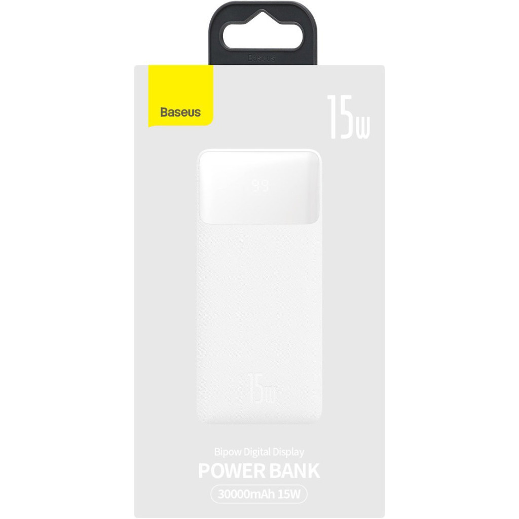 Батарея універсальна Baseus Bipow 30000mAh, 15W, USB-C/3A, 2*USB-A/3A(max.), +cable, white (PPBD050202) - зображення 6