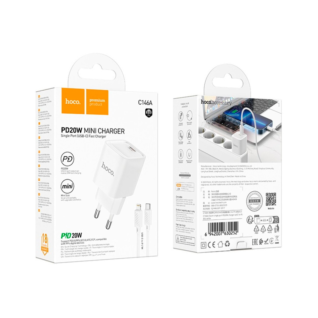Зарядний пристрій HOCO C146A Charm USB-C PD20W + cable USB-C to Lightning White (6942007630252) - зображення 6