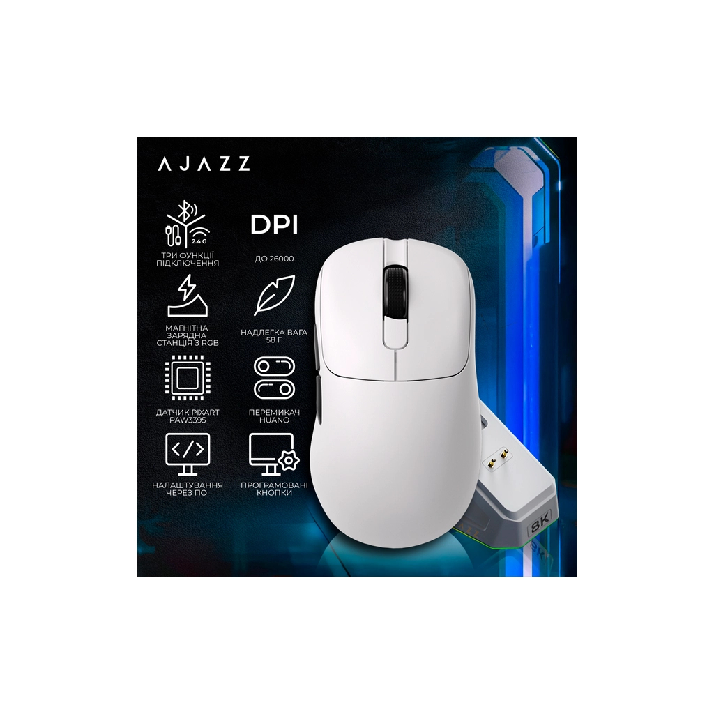 Мишка Ajazz AJ179PRO Wireless/Bluetooth/USB Charging Dock White (AJ179-PRO-W) - зображення 6