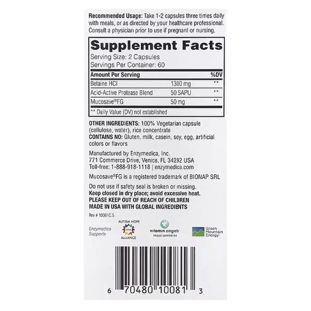 Вітамінно-мінеральний комплекс Enzymedica Бетаїн HCI 1300мг, 120 капсул (ENZ-10081) - зображення 2