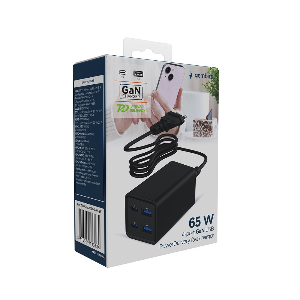 Зарядний пристрій Gembird 2xUSB-C PD65W + 2xUSB QC3.0 30W black (TA-UC-2A2C-PD65-01-BK) - зображення 6