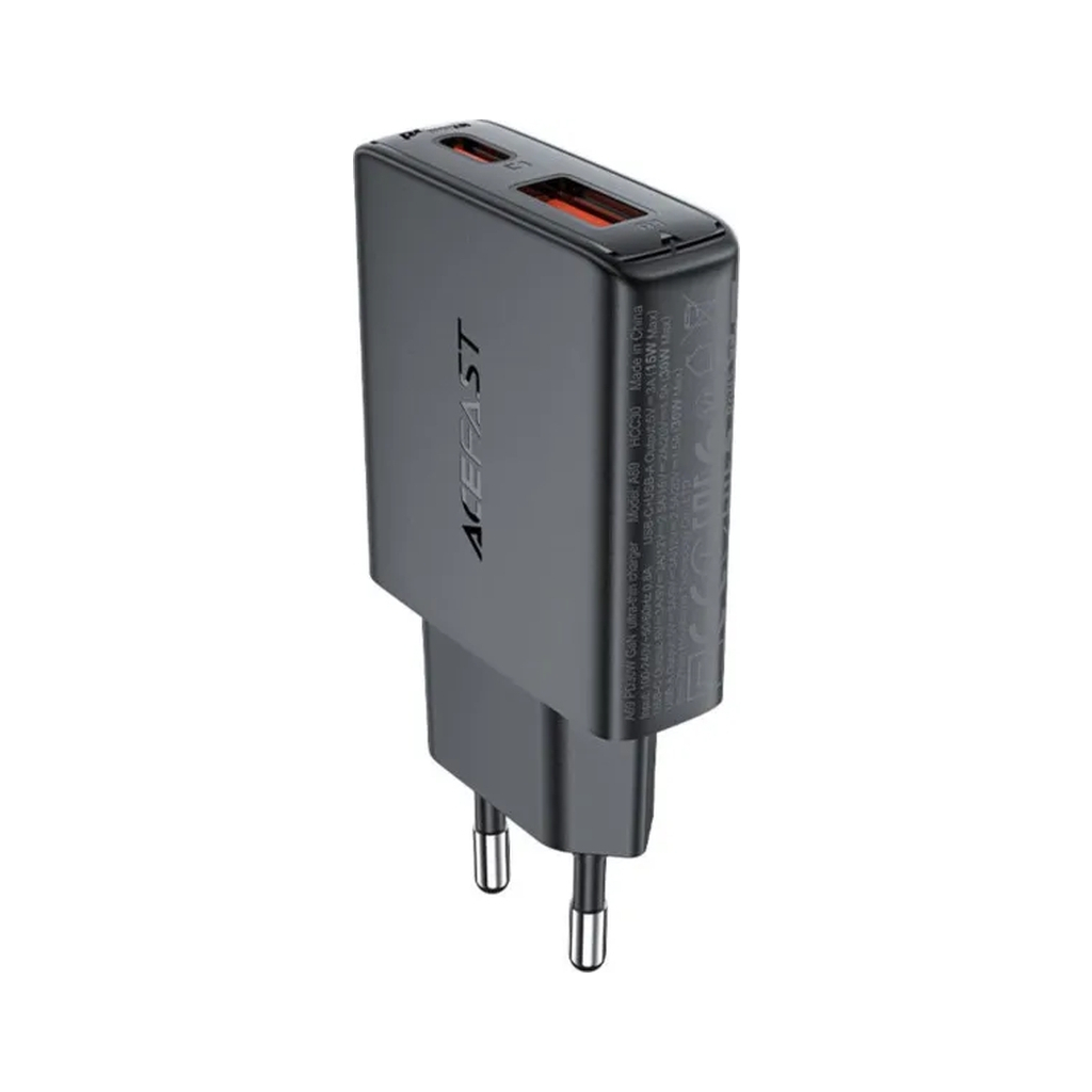Зарядний пристрій Acefast 2xUSB 30W (USB-C+USB-A) Gan A69 ultra-thin Fast Charger Black (6974316282709) - зображення 3