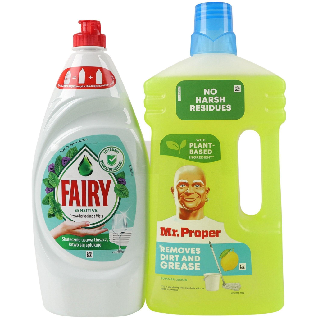 Набір побутової хімії Fairy Засіб для миття посуду Чайне дерево та м'ята 900 мл + Засіб для підлоги Mr. Proper Лимон 1 л (8700216906036) - изображение 1