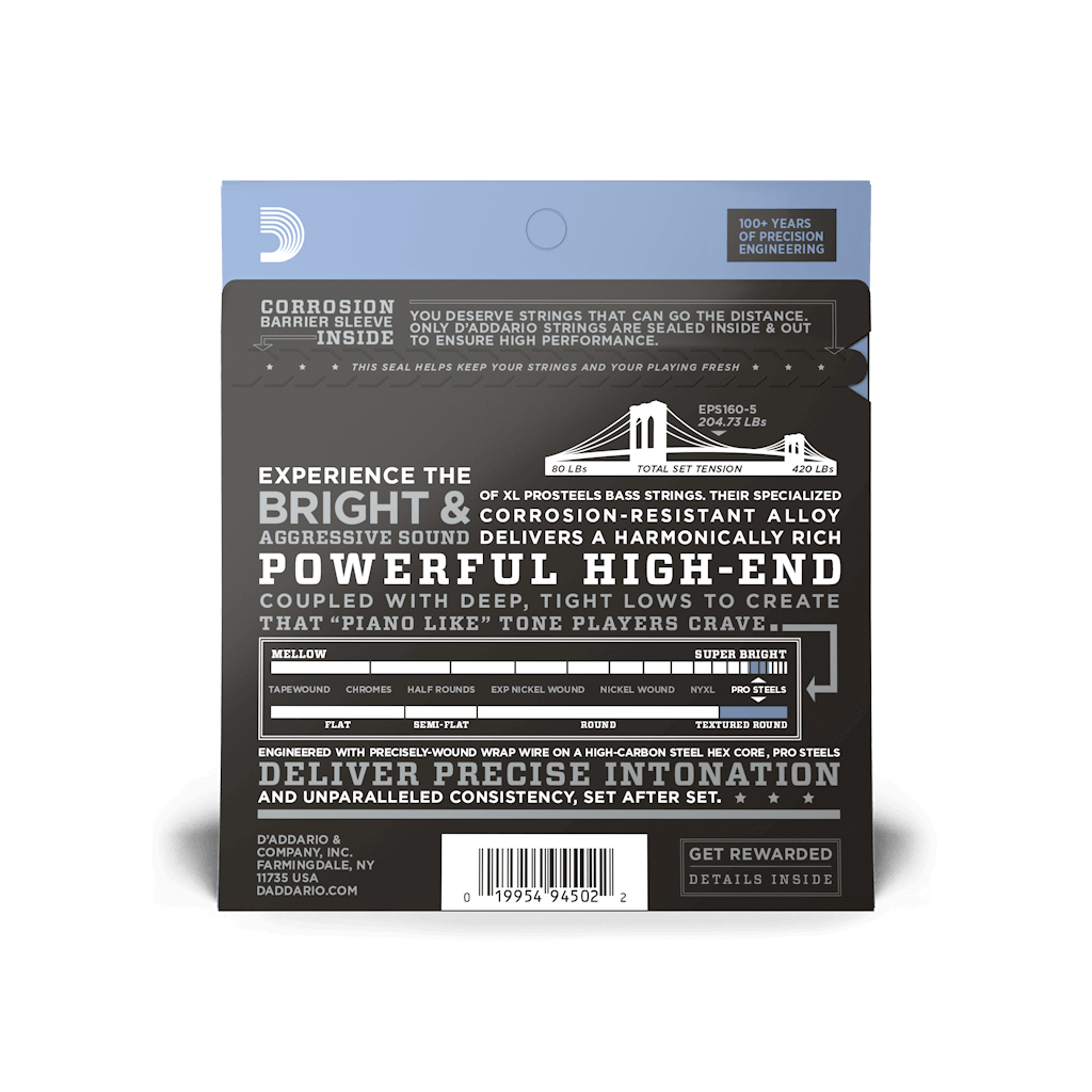 Струни для гітари D'Addario XL Pro Steels Bass Reg Light Top / Med Bottom 5-String (45-135) (EPS165-5) - зображення 3