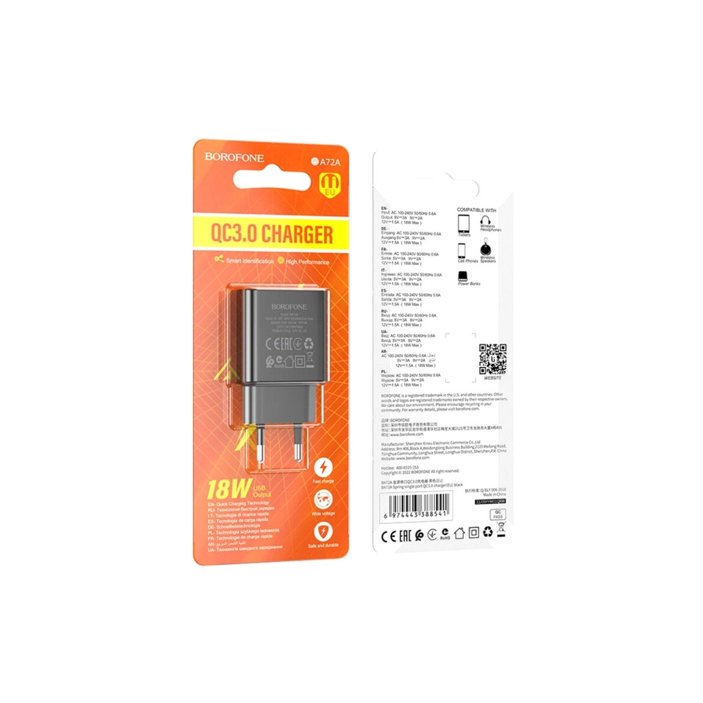 Зарядний пристрій BOROFONE BA72A USB QC3.0 black (6974443388541) - зображення 4