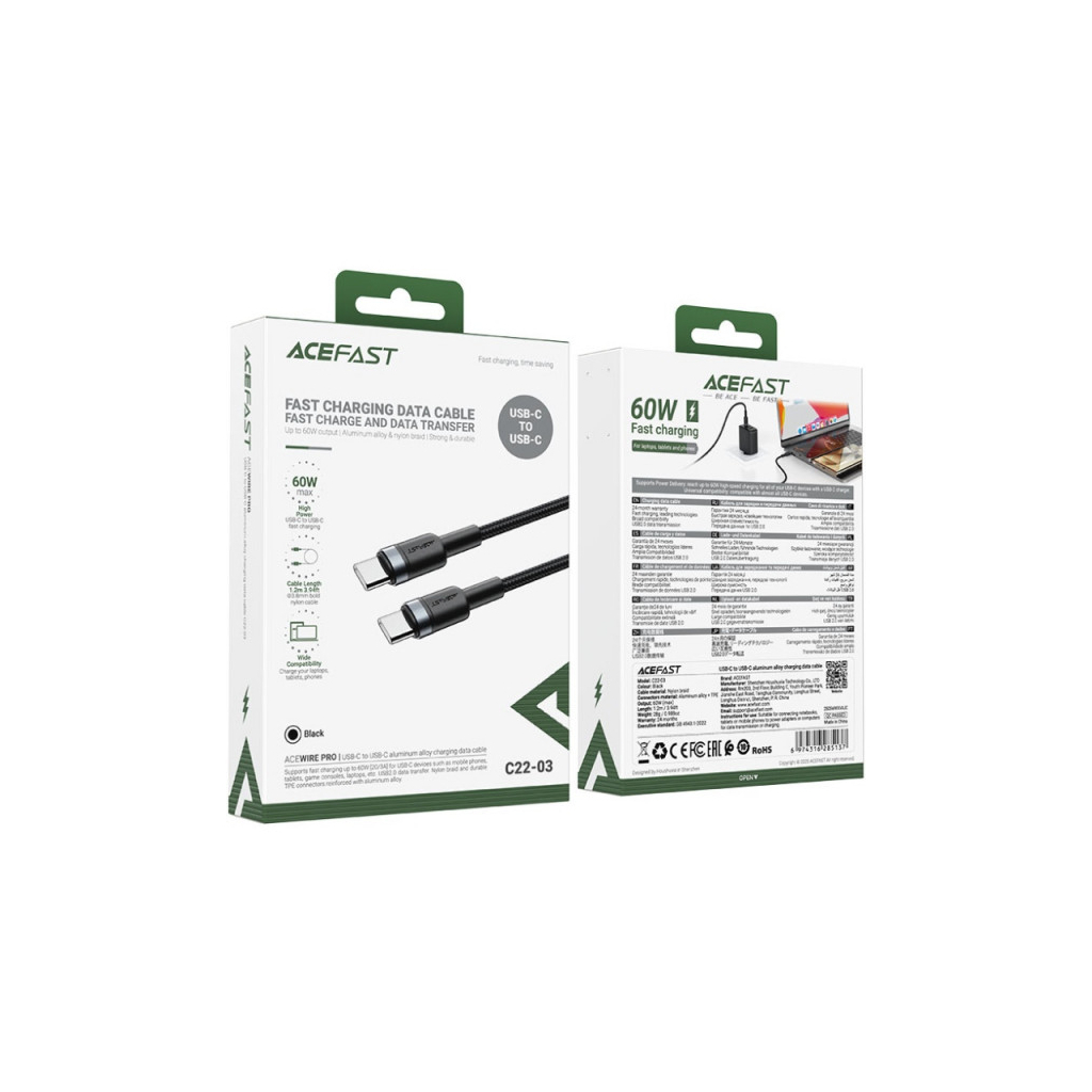 Дата кабель USB-C to USB-C 1.2m 60W black Acefast (6974316285137) - зображення 4