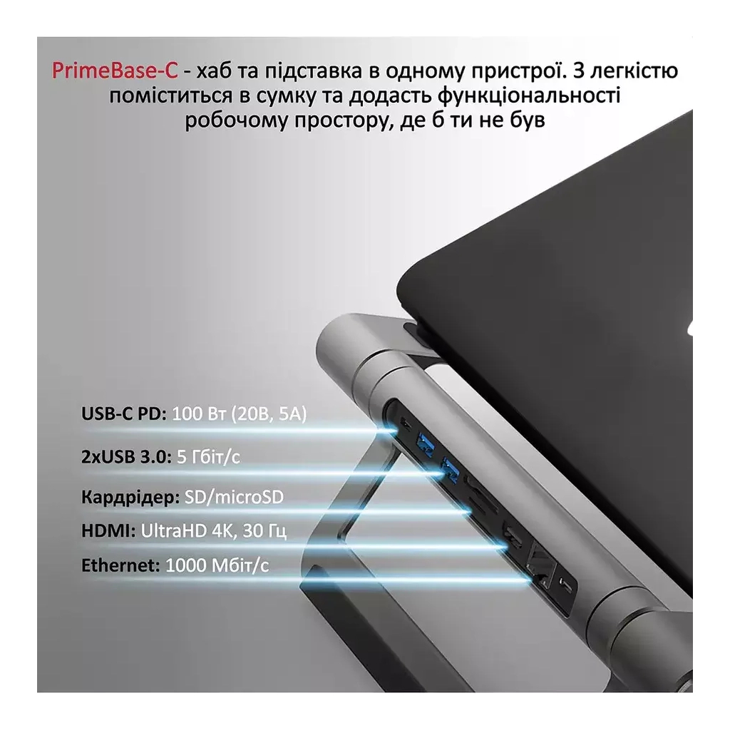 Концентратор Promate USB Hub 9 ports primebase-c.grey (primebase-c.grey) - зображення 5