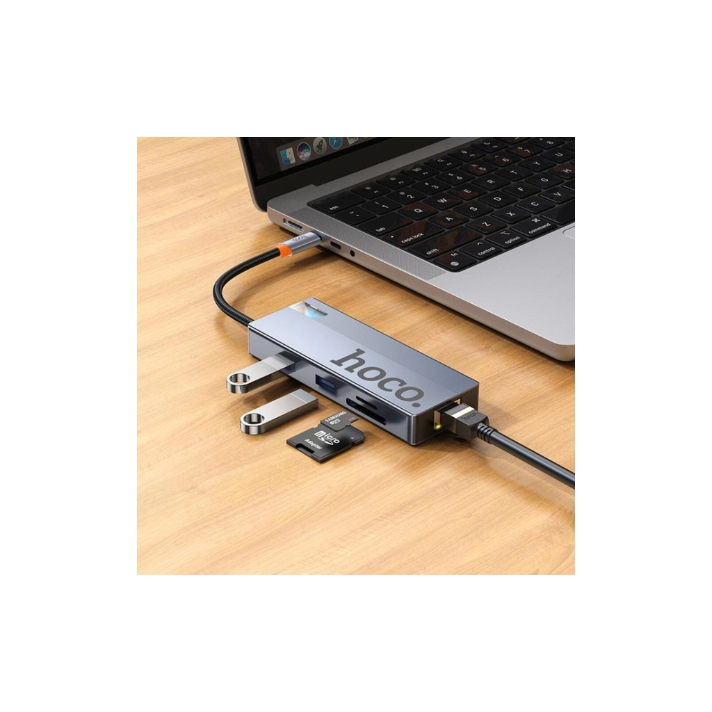 Концентратор HOCO HB52 USB-C to HDMI + RJ45 + SD + TF + PD + USB-C 3.0 + 2xUSB 3.0 Space Gray (6942007647311) - зображення 5