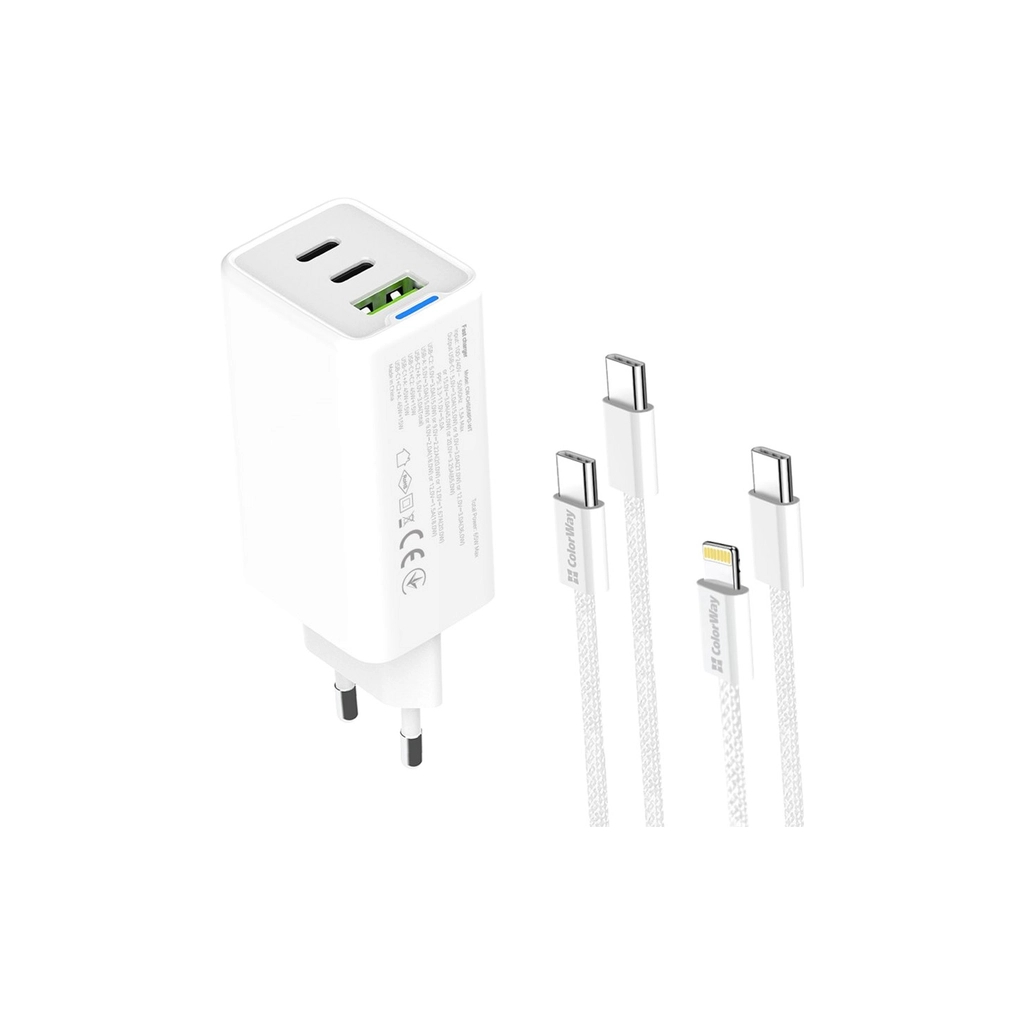 Зарядний пристрій ColorWay GaN Mini 65W PD Port PPS USB (USB-2C1A) cable Type-C&Lightning (CW-CHS058PDCL-WT) - зображення 3