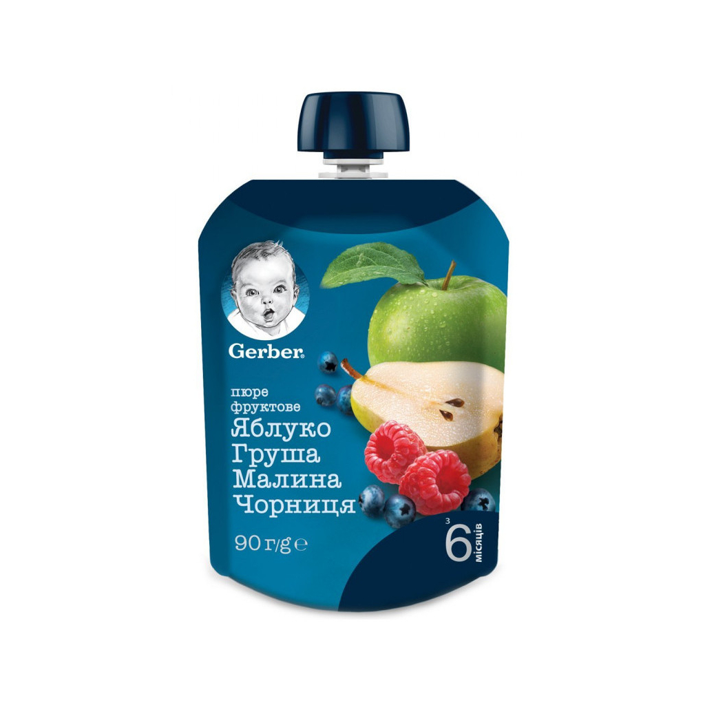 Дитяче пюре Gerber яблуко, груша, малина, чорниця, 90 г (7613036345484) - зображення 1