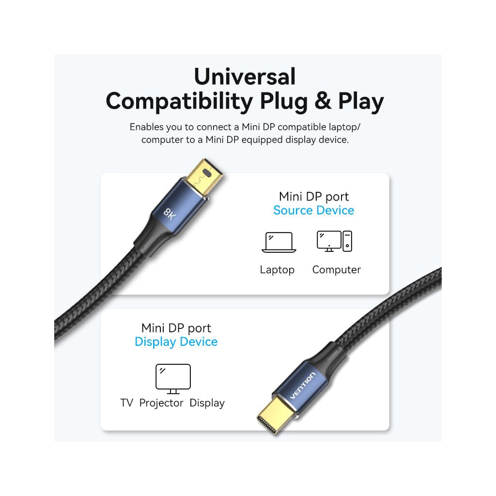 Кабель мультимедійний Mini DisplayPort to Mini DisplayPort 2.0m V1.4 8K 60Hz 32.4Gbps Blue Aluminum Alloy Vention (HCGLH) - изображение 8