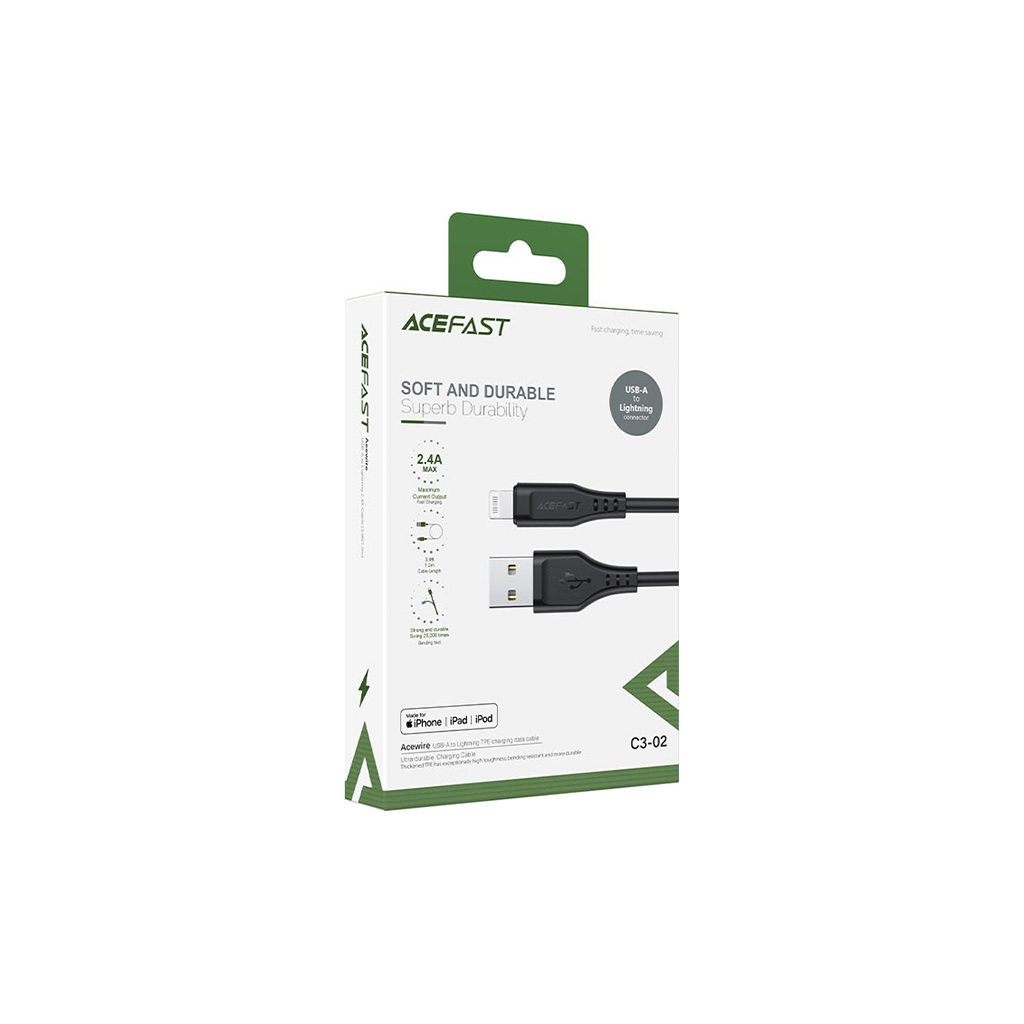 Дата кабель USB 2.0 AM to Lightning 1.2m 2.4A TPE C3-02 Black Acefast (6974316280828) - зображення 3