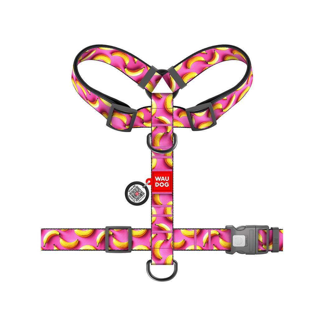 Шлея для собак WAUDOG Nylon з QR-паспортом анатомічна H-подібна "Банани на рожевому" пластиковий фастекс М (321-4055) - зображення 2