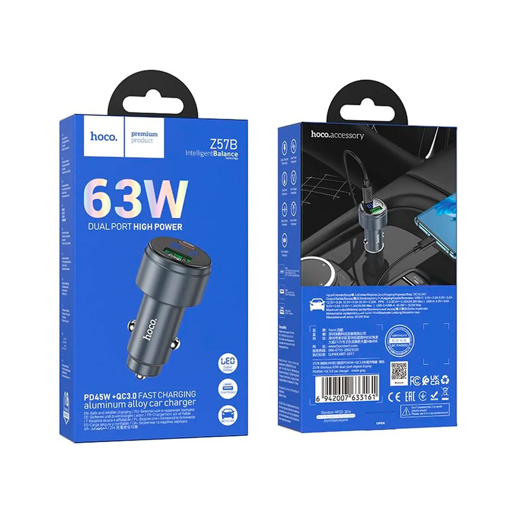 Зарядний пристрій HOCO HOCO Z57B Glorious 63W dual-port display USB-C PD45W + USB QC3.0 Metal Gray (6942007633161) - зображення 5