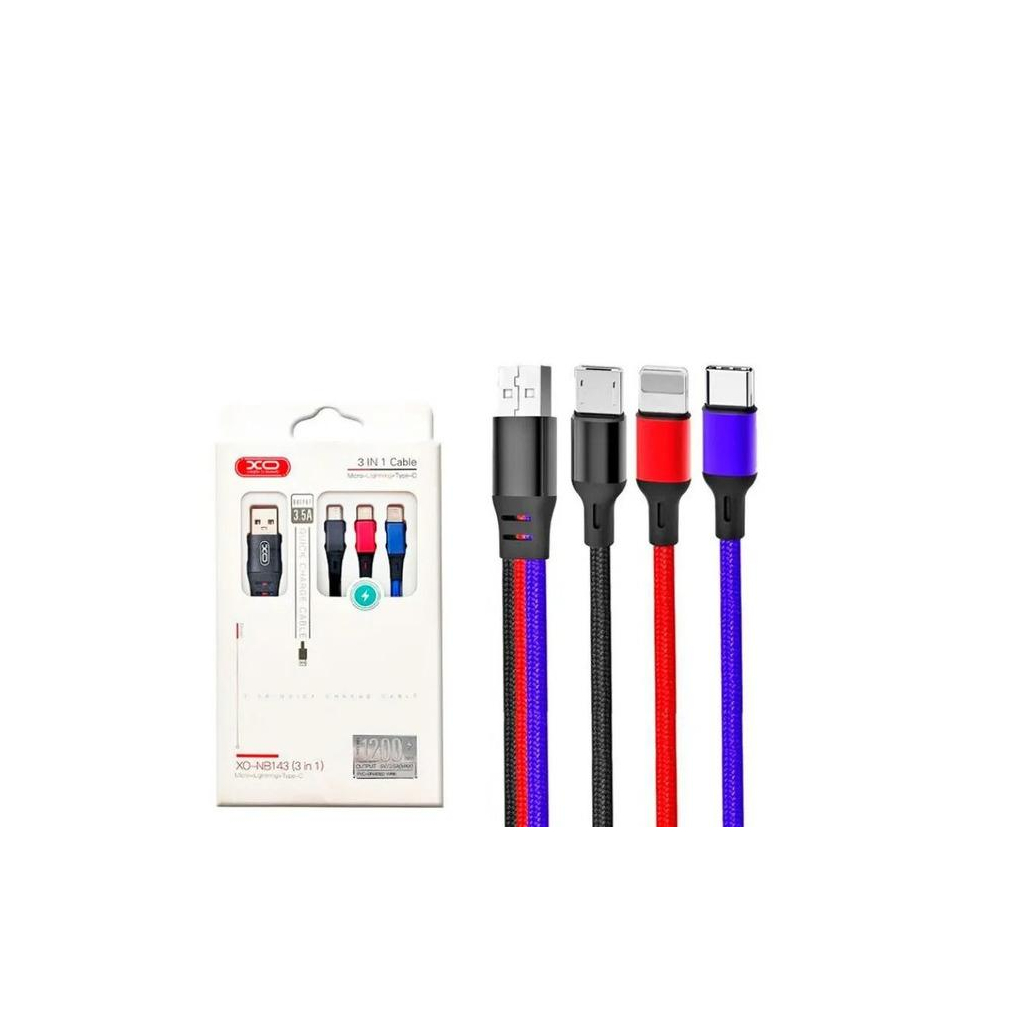 Дата кабель USB 2.0 AM to Lightning + Micro 5P + USB-C 1.2m black red blue XO (XO-NB143-3in1) - зображення 2