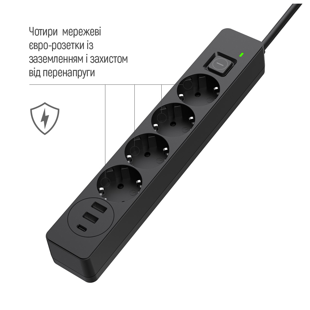 Мережевий фільтр живлення ColorWay CW-CHE432PDB, 4 розетки/3USB 2M (CW-CHE432PDB) - зображення 10
