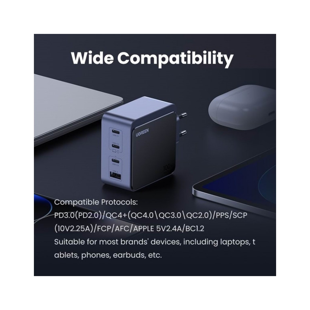 Зарядний пристрій Ugreen 4xUSB 100W (3xUSB-C+USB-A) Gan Nexode Fast Charger Grey X565 (35043) - зображення 2