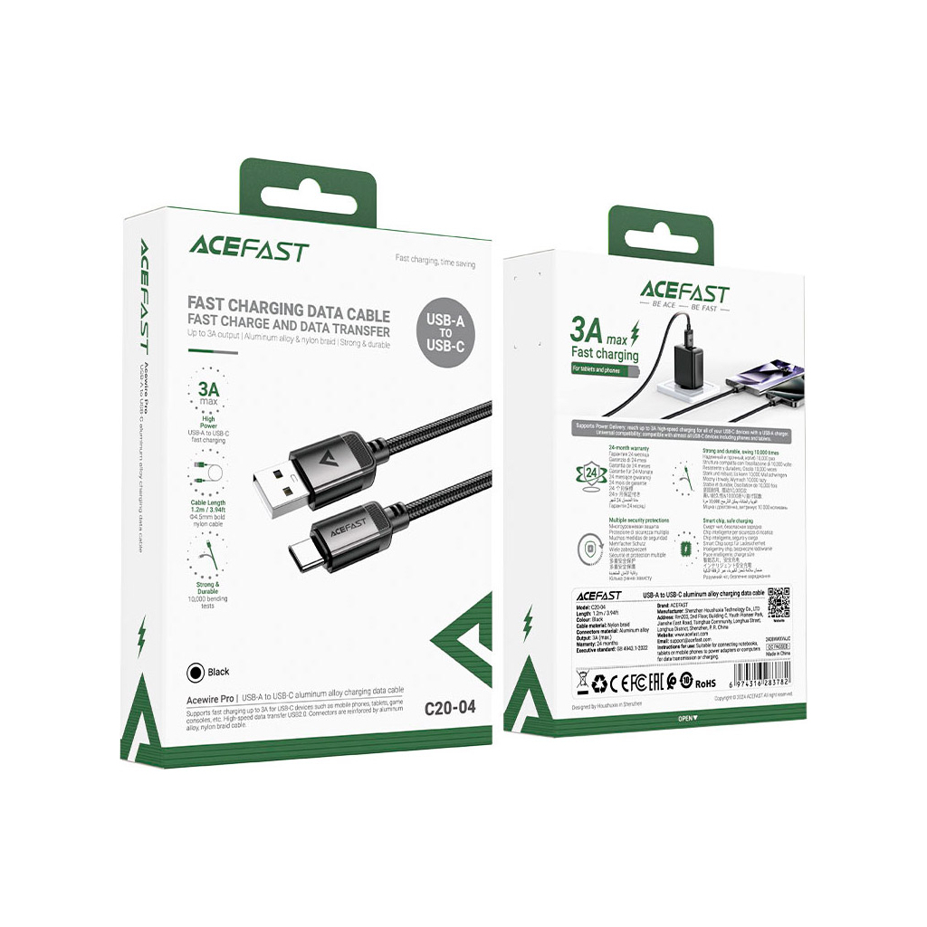 Дата кабель USB 2.0 AM to USB-C 1.2m 3.0A 18W aluminum alloy Black Acefast (6974316283782) - зображення 5