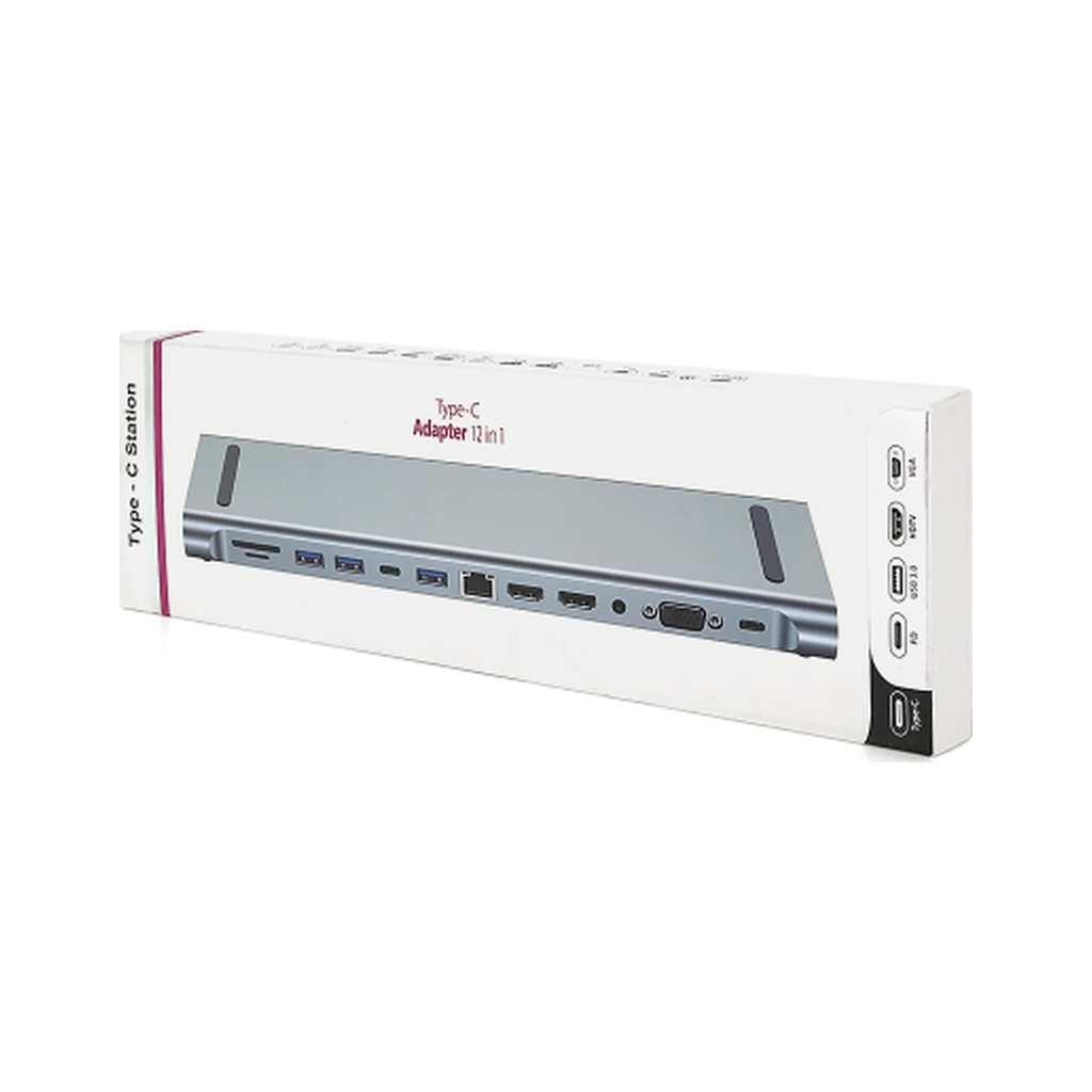 Концентратор Voltronic USB-C 12-in-1 USB-C + 2xUSB 2.0 + USB 3.0 + 2xHDMI + VGA + SD/TF + RJ45 + 3.5mm + PD 0.1m silver (YT-HTC12in1) - зображення 3