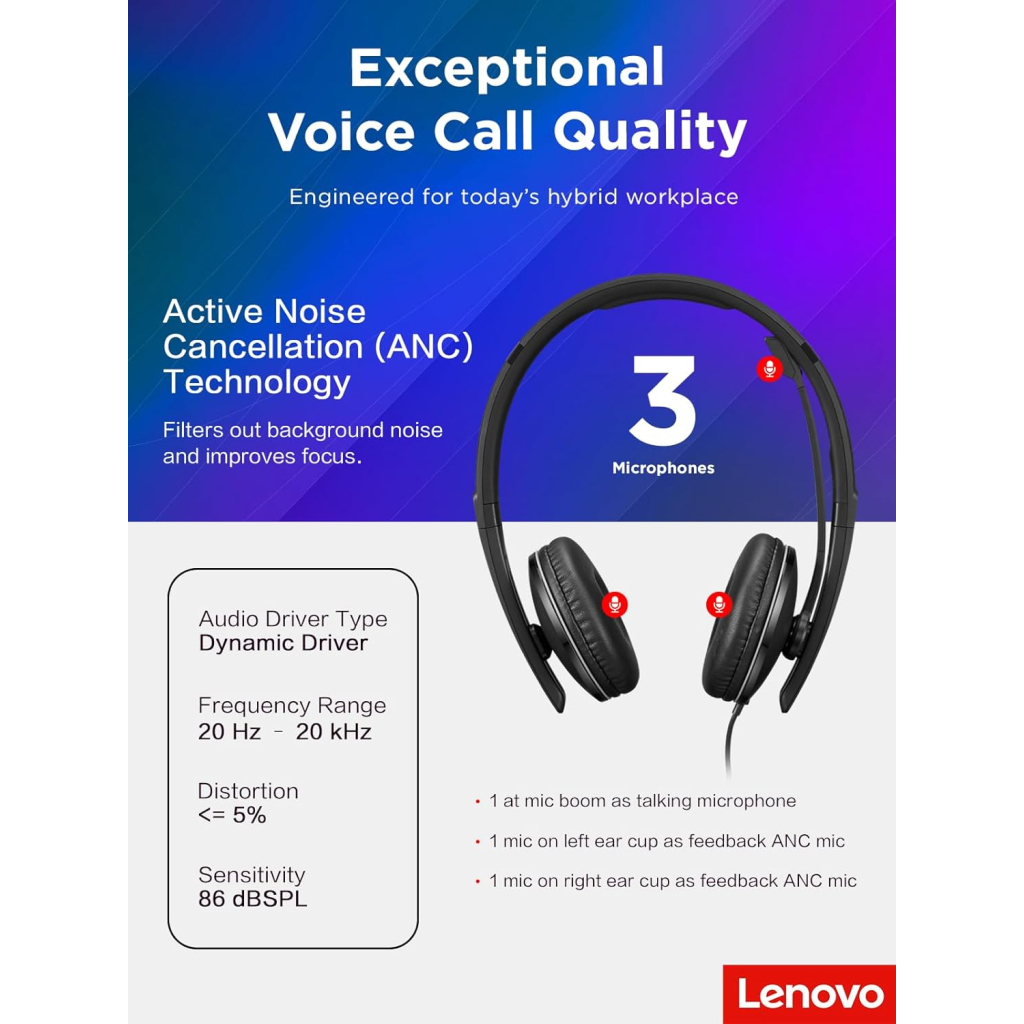 Навушники Lenovo Wired ANC Headset Gen 2 (Teams) Black (4XD1M45627) - зображення 5