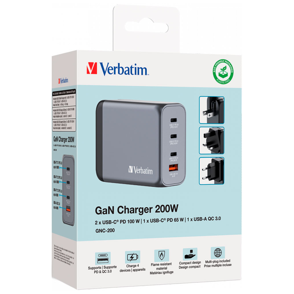Зарядний пристрій Verbatim GaN 200 W 4 ports (2xUSB-C-100 W,USB-C-65 W /USB-A -3.0) (32204) - зображення 6