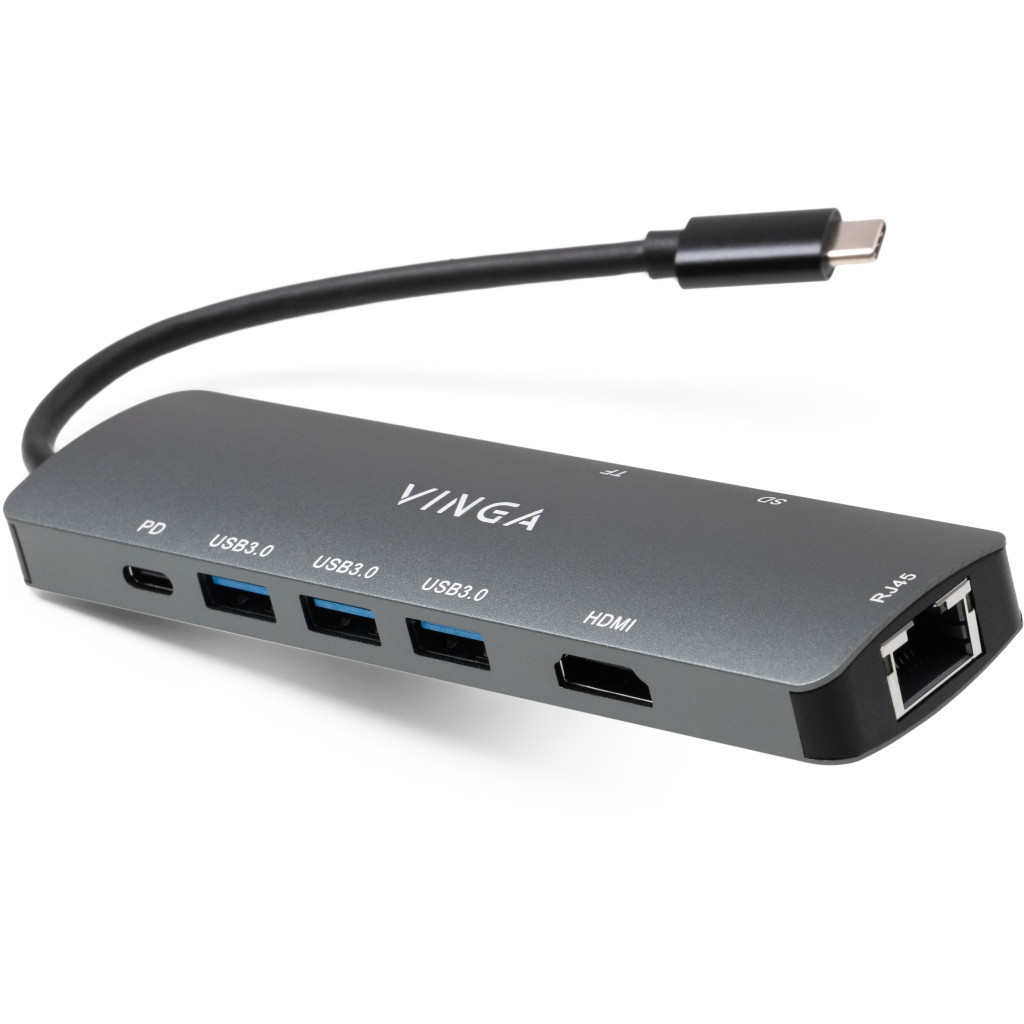 Концентратор Vinga USB-C 3.1 to HDMI+RJ45_1Gbps+3xUSB3.0+SD/TF+PD100W (VHYC8) - зображення 1