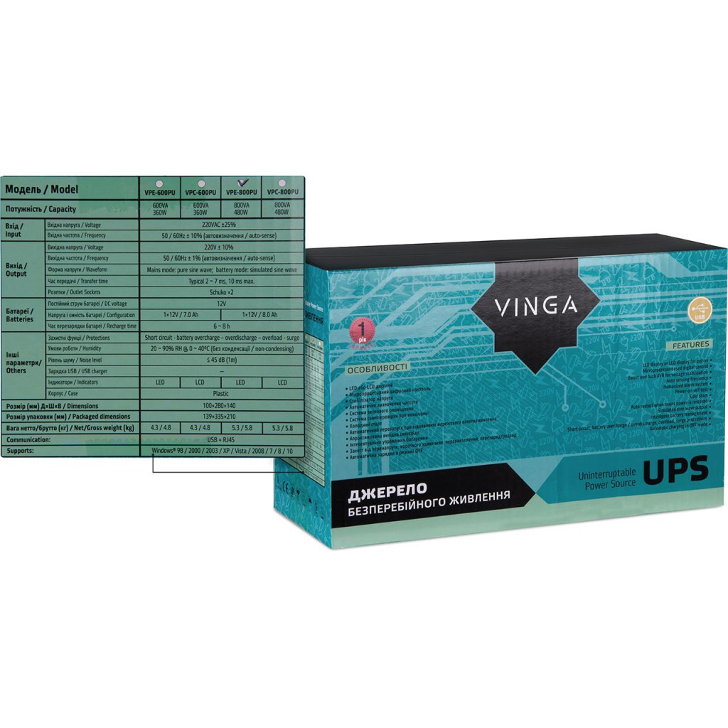 Пристрій безперебійного живлення Vinga LED 800VA plastic case with USB (VPE-800PU) - зображення 12