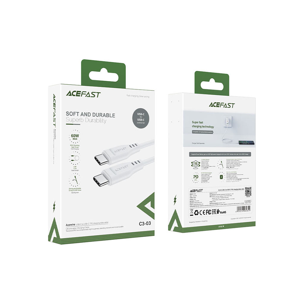 Дата кабель USB-C to USB-C 1.2m 3A TPE C3-03 White Acefast (6974316280859) - зображення 3