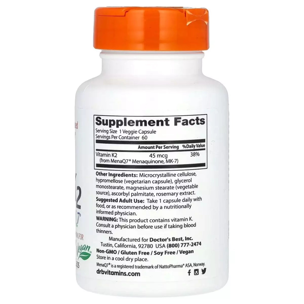 Вітамін Doctor's Best Вітамін K2, MK-7 з MenaQ7, 45 мкг, Vitamin K2 MK-7 with MenaQ7, 60 вегетаріан (DRB-00198) - зображення 2