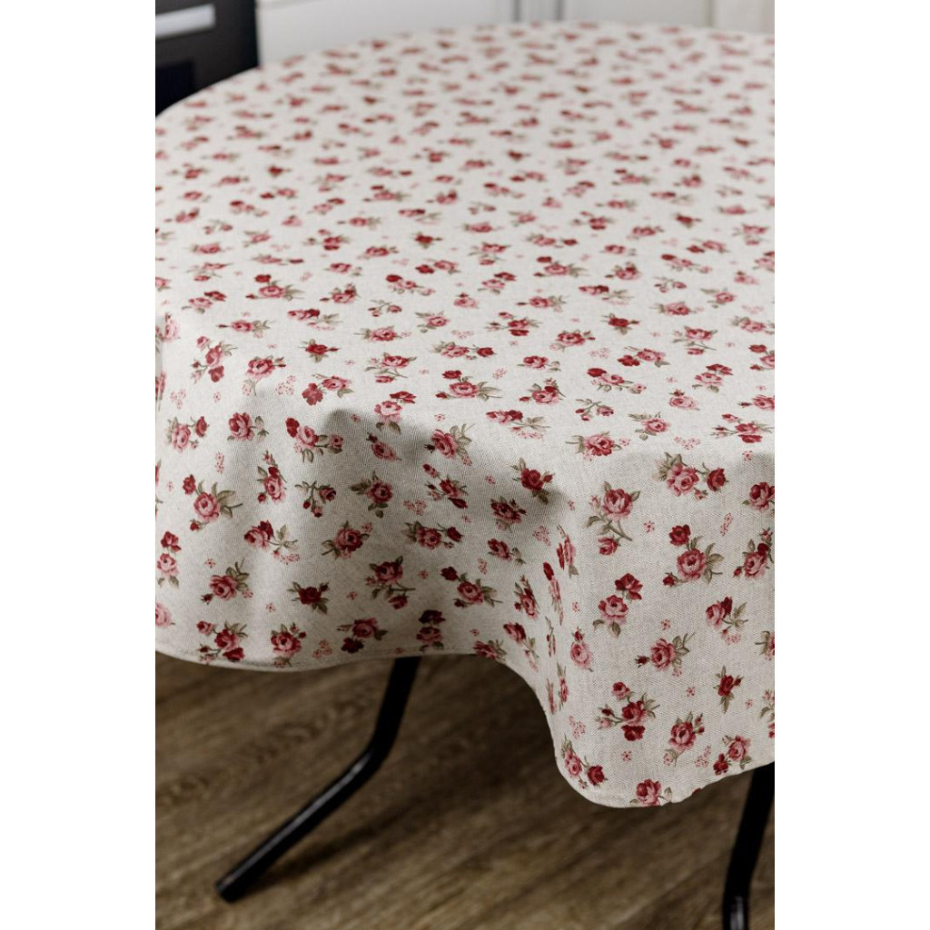 Скатертина Прованс непромокаюча Simfoni Червоні трояндочки на натюрель D-180 см (033837) - зображення 5