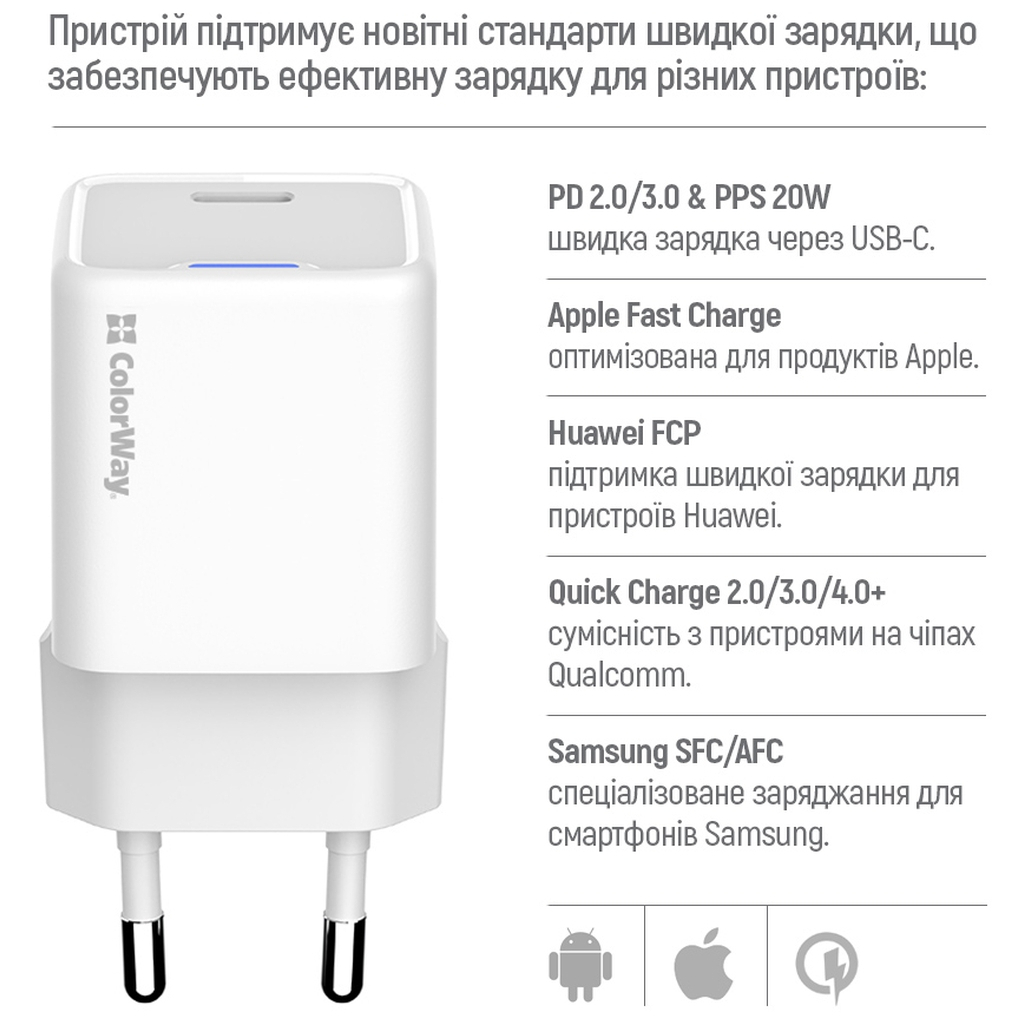 Зарядний пристрій ColorWay C101D GaN Mini 20W PD PPS USB-C + cable USB-C to Lightning white (CW-CHS059PDL-WT) - изображение 9