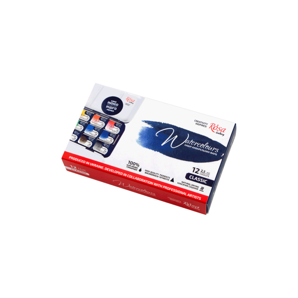 Акварельні фарби Rosa Gallery Класика в металевому пеналі Індиго 12 кольорів кювета (4823098525677) - изображение 1