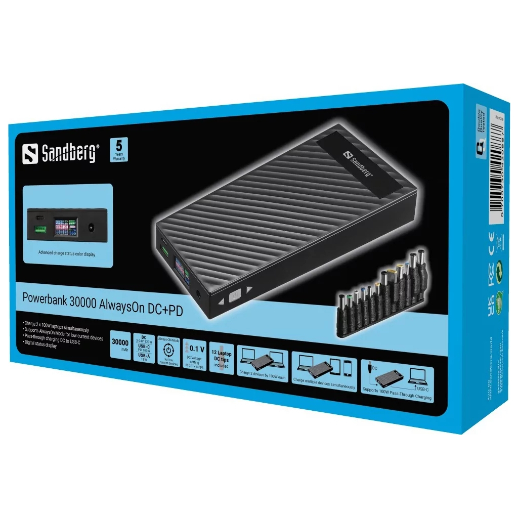 Батарея універсальна Sandberg 30000mAh PD/100W, DC/3-24V/120W, QC/3.0 (420-88) - зображення 5
