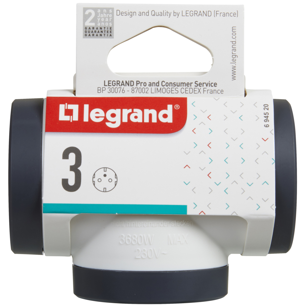 Мережевий розгалужувач Legrand ПРЕМІУМ 3х2К+З бокові розетки, колір Білий/Чорний (694520) - зображення 4