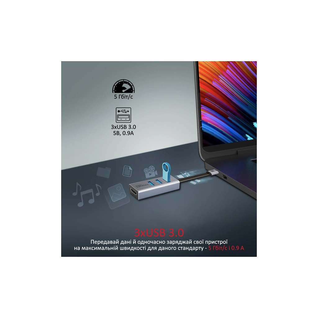 Концентратор Promate USB-C 4-in-1 порти Promate mediahub-c3.grey (mediahub-c3.grey) - зображення 3