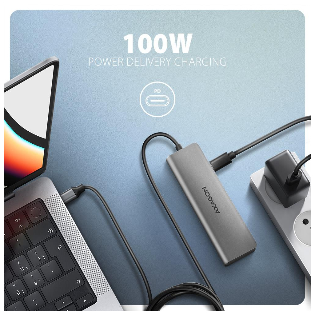 Концентратор AXAGON USB-C to 3xUSB-A + HDMI 5Gbps + PD 100W 1.0m grey (HMC-5H) - зображення 4