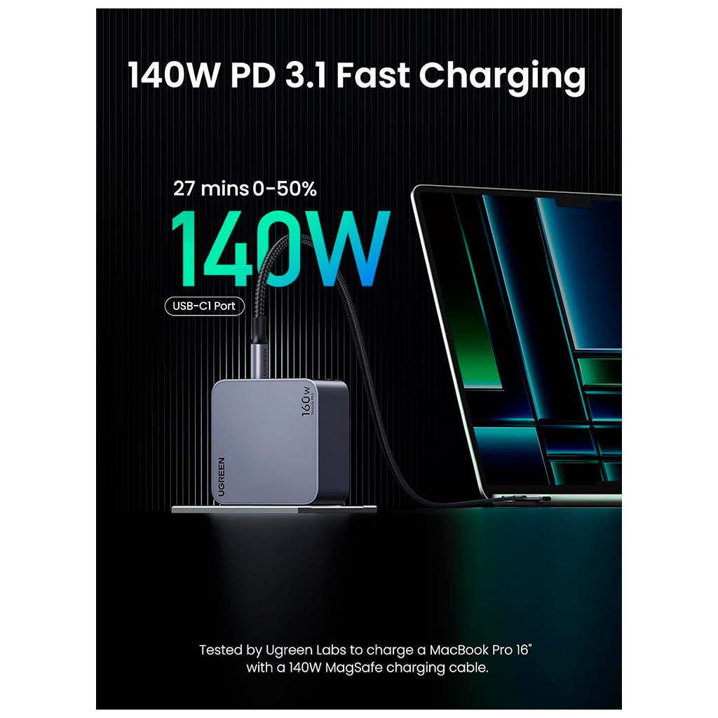 Зарядний пристрій Ugreen 4xUSB 160W (3xUSB-C + USB-A) Gan Nexode Pro X763 (25877) - зображення 6
