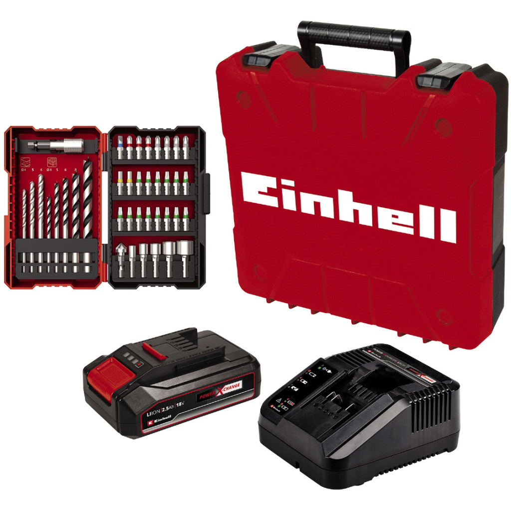Шуруповерт Einhell TE-CD 18/2 Li +39, 1x2,5 Ah, PXC, 18В, 2.5 Аг, набір біт і свердл, кейс (4514219) - зображення 2