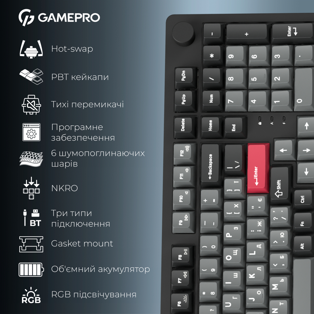 Клавіатура GamePro Asgard Drakkar Keychron Super Red Switch Wireless/Bluetooth/USB UA Black (MK305BK) - изображение 20