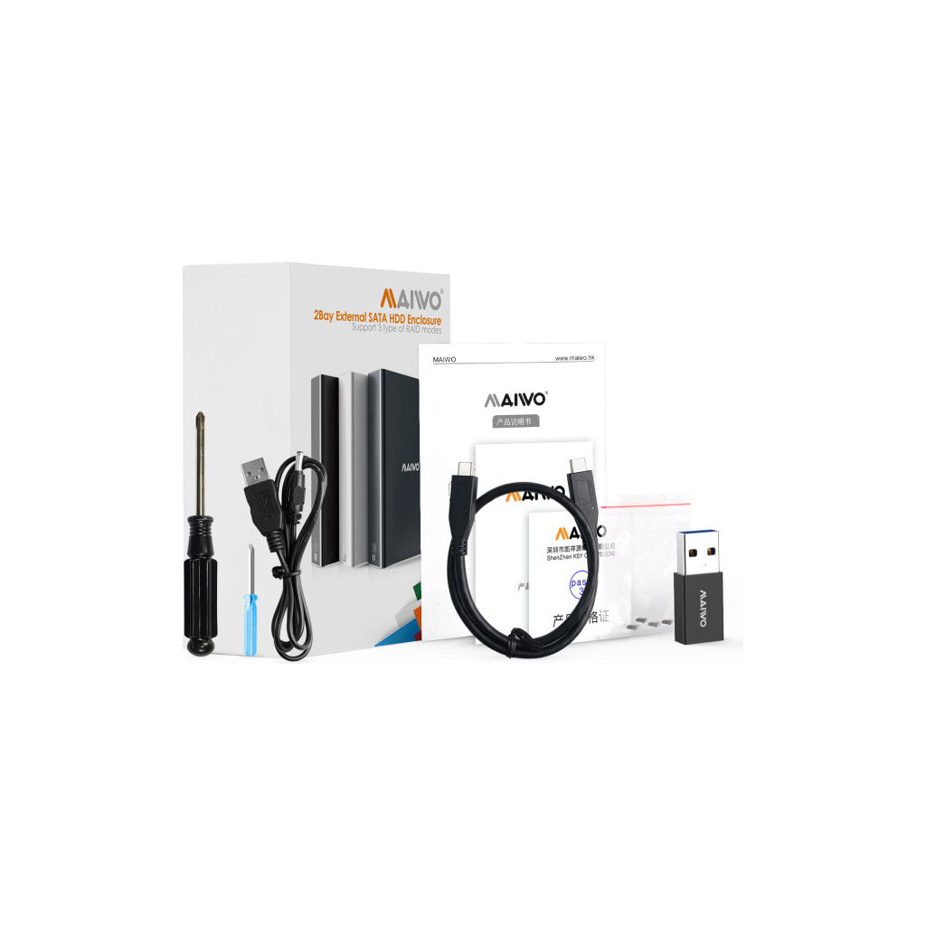 Кишеня зовнішня Maiwo 2*HDD 2.5" SATA/SSD up to 9.5mm USB3.1 GEN2 Type-C, RAID 0,1 (K25272C) - зображення 3
