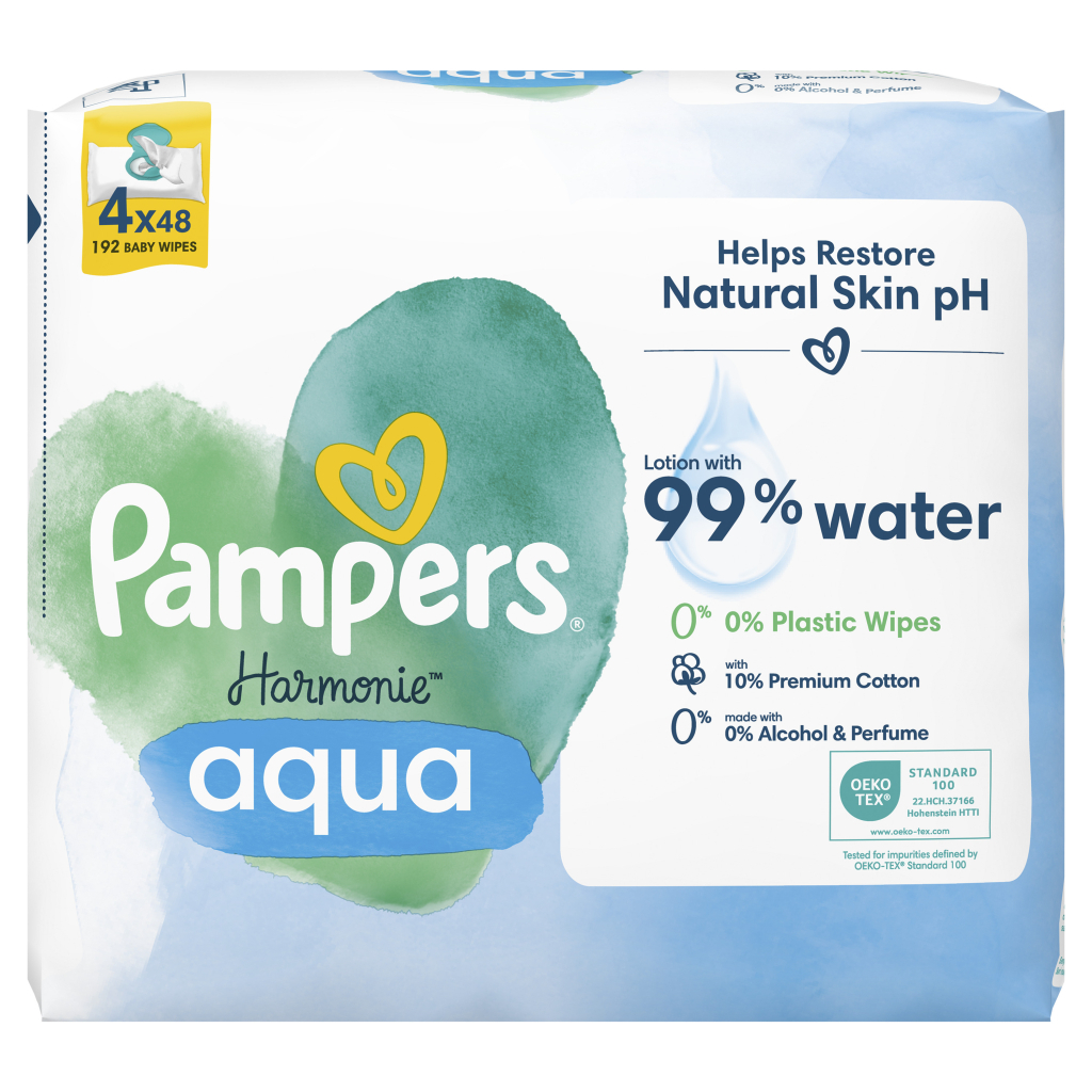 Дитячі вологі серветки Pampers Harmonie Aqua 4 пачки х 48 шт (8006540556139) - зображення 2