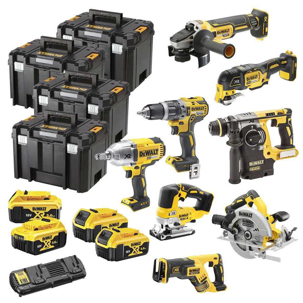 Набір електроіструментів DeWALT 8 од., 18 В XR Li-lon, 4 кейса TSTAK, 4*5Ah АКБ та 1 ЗП (DCK865P4T) - зображення 1