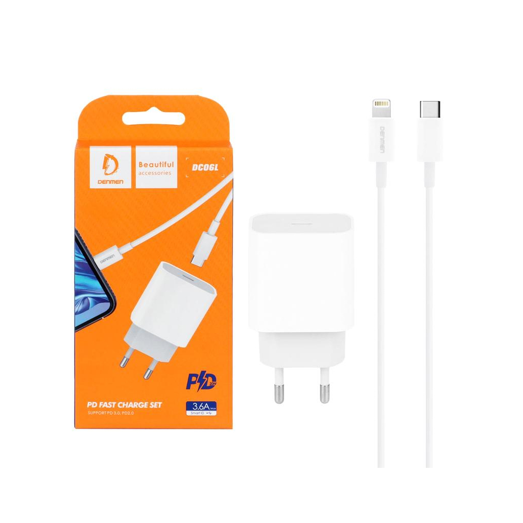Зарядний пристрій Denmen USB-C PD20W 3.6A + cable USB-C to Lightning white (DM-DC06L-WH) - зображення 1