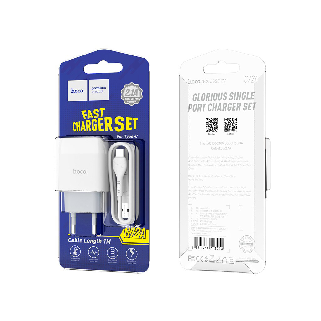 Зарядний пристрій HOCO C72A USB + cable USB to USB-C 10.5W White (Hoco C72AW/Tc) - зображення 4